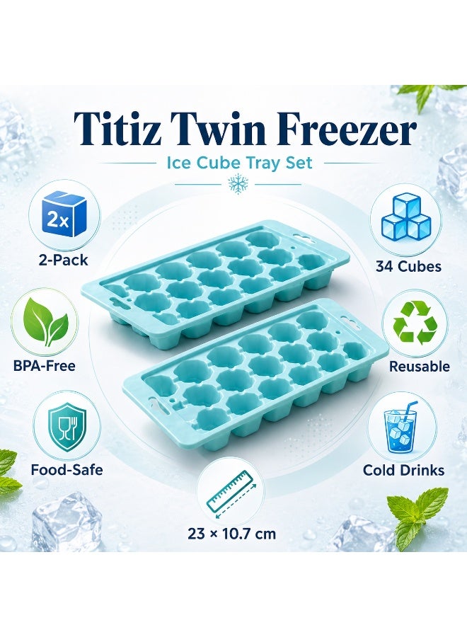 Titiz Plastik تيتيز طقم قوالب ثلج توين فريزر 2 قطعة 34 مكعب بلاستيك آمن للأغذية وخالٍ من بي بي إيه قابل لإعادة الاستخدام للماء والعصائر (تركواز) - Image 4