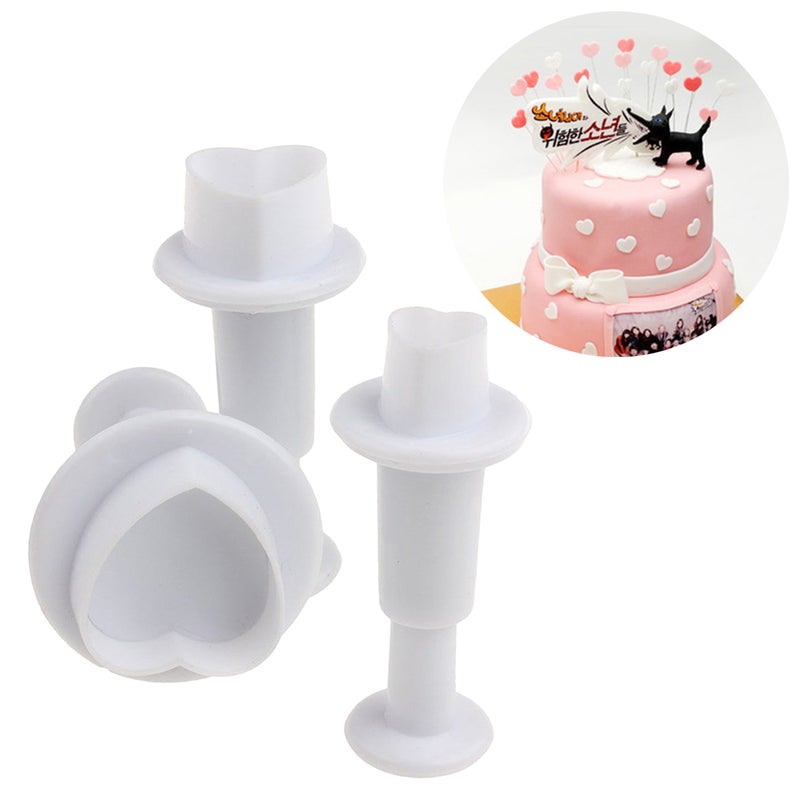 3 Pcs Heart Shaped Fondant Cake Plastic Plunger Embossed Molds DIY Cake Baking Utensils Decoration Tools Bakeware for Cupcake Cookie Chocolate (White) - Image 3
