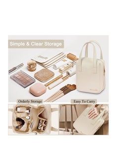 Y&D Travel Makeup Bag Portable Cosmetic with Compartments for Women PU Leather Waterproof Small Handle Stylish and Exquisite Design Ample Capacity Easy to Clean Beige  - Image 4