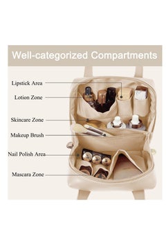 Y&D Travel Makeup Bag Portable Cosmetic with Compartments for Women PU Leather Waterproof Small Handle Stylish and Exquisite Design Ample Capacity Easy to Clean Beige  - Image 2