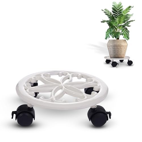 Sharpex Pack of 1 Metal Caddy Iron Dolly on Round Rack Rustproof Sturdy Potted Indoor Outdoor Plant Stand/Trolley With Locking Wheels for Balcony, Living Room, Home and Garden (White) - Image 1