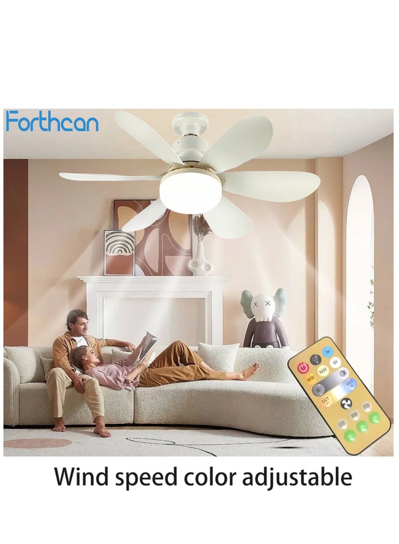 فورثكان مروحة سقف مزودة بإضاءة LED وجهاز تحكم عن بعد، قاعدة E27، مروحة هادئة بـ 6 شفرات مع شفرات ABS متينة، إضاءة مروحة قابلة للتعتيم بثلاثة ألوان للتركيب في الأسطح للغرف النوم والمطابخ والغرف الصغيرة - Image 1