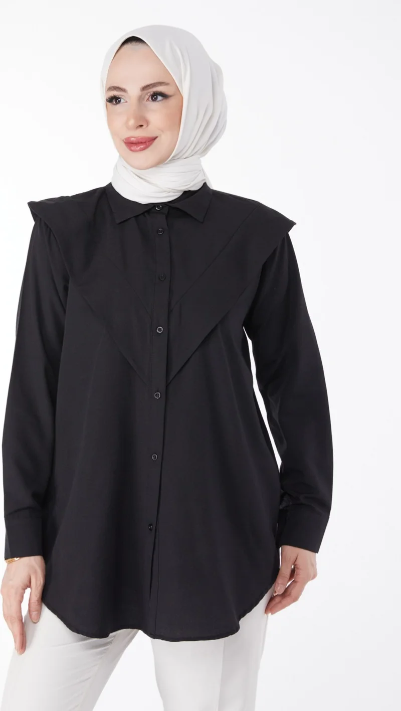 Tofisa Plain Shirt Collar Women's Black Shirt - 25081