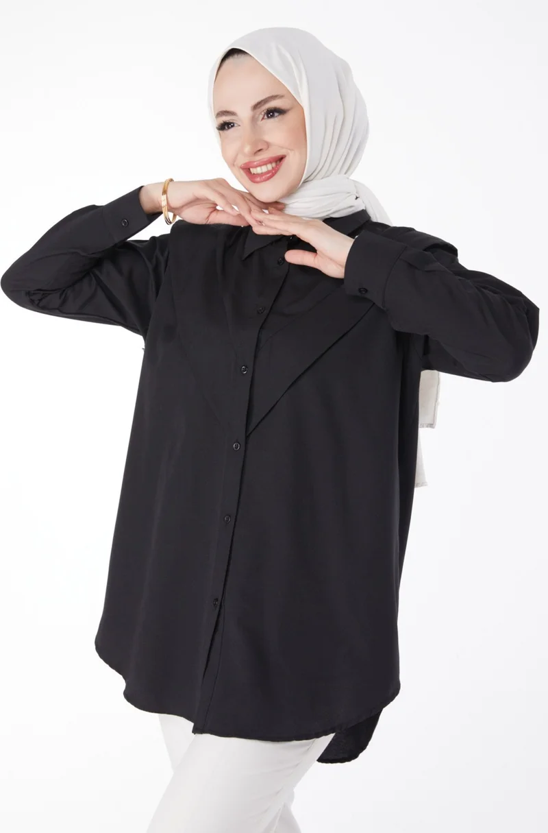 Tofisa Plain Shirt Collar Women's Black Shirt - 25081