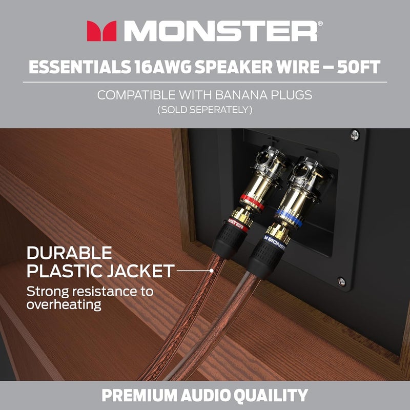 Monster Essentials High Performance Speaker Wire 16 Gauge Copper Clad Aluminum (CCA) Speaker Cable 50 FT Spool – Ideal Home Cinema Speaker Wire Cable and Car Audio Speaker Cables/Speaker Wires - Image 5