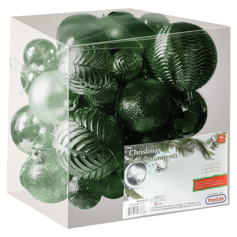 Prextex 36 Piece Christmas Ornaments Set Emerald Green Christmas Tree Decorations Shatterproof Ball Ornaments in Small Medium and Large Sizes Durable Holiday Decor for Indoor and Outdoor Use