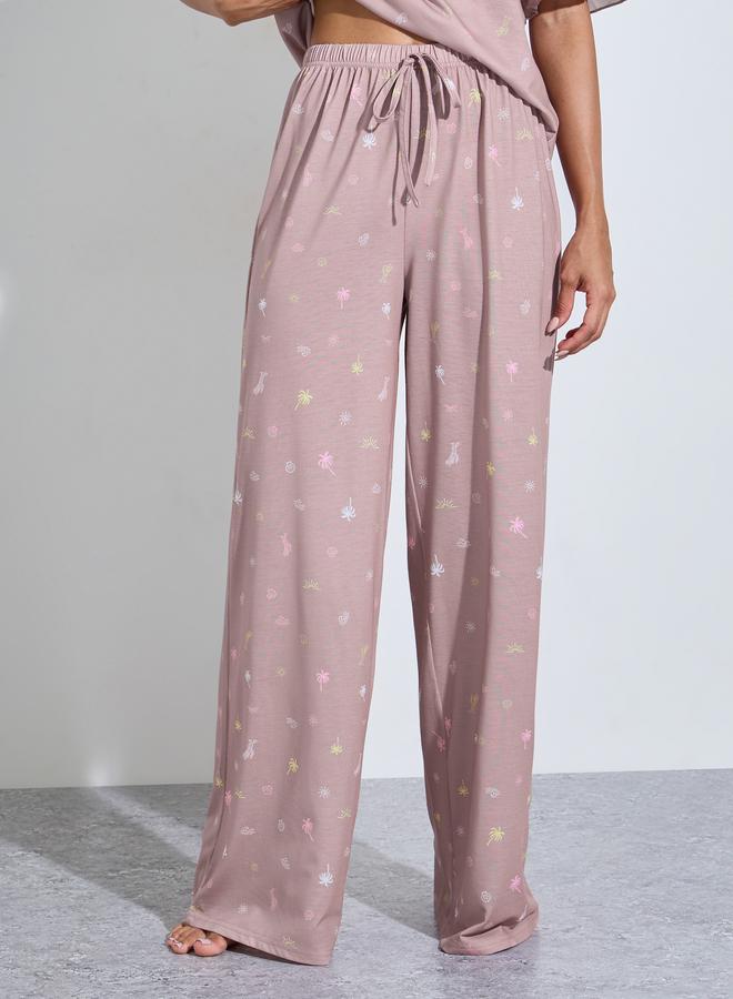 Styli Pink All Over Print Ruffle Short Sleeves T-Shirt and Wide Leg Pants Pyjama Set - Image 4