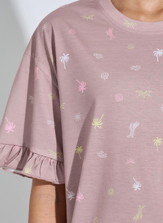 Styli Pink All Over Print Ruffle Short Sleeves T-Shirt and Wide Leg Pants Pyjama Set - Image 3