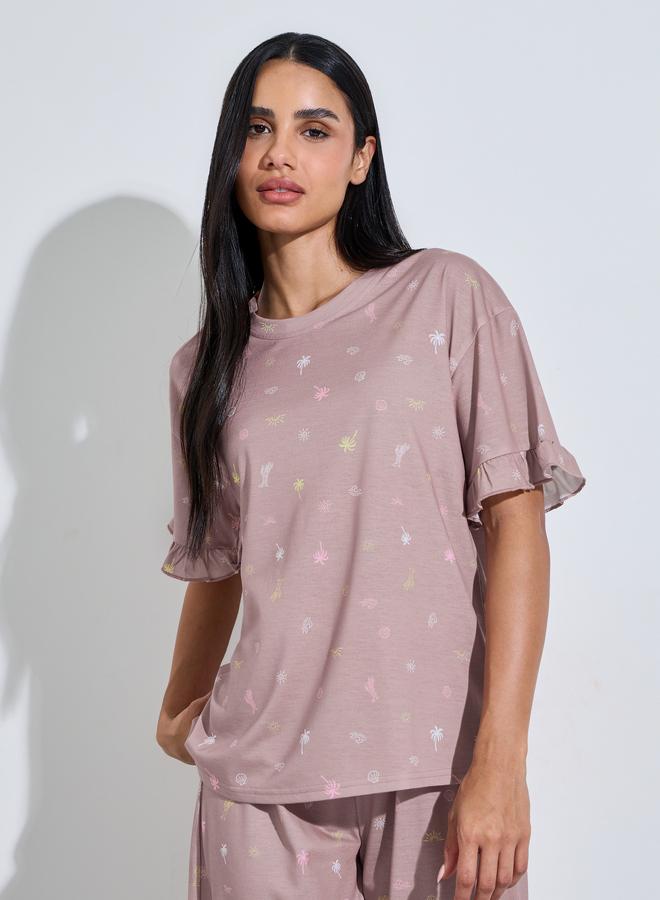 Styli Pink All Over Print Ruffle Short Sleeves T-Shirt and Wide Leg Pants Pyjama Set - Image 2