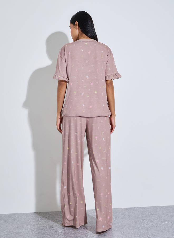 Styli Pink All Over Print Ruffle Short Sleeves T-Shirt and Wide Leg Pants Pyjama Set - Image 5