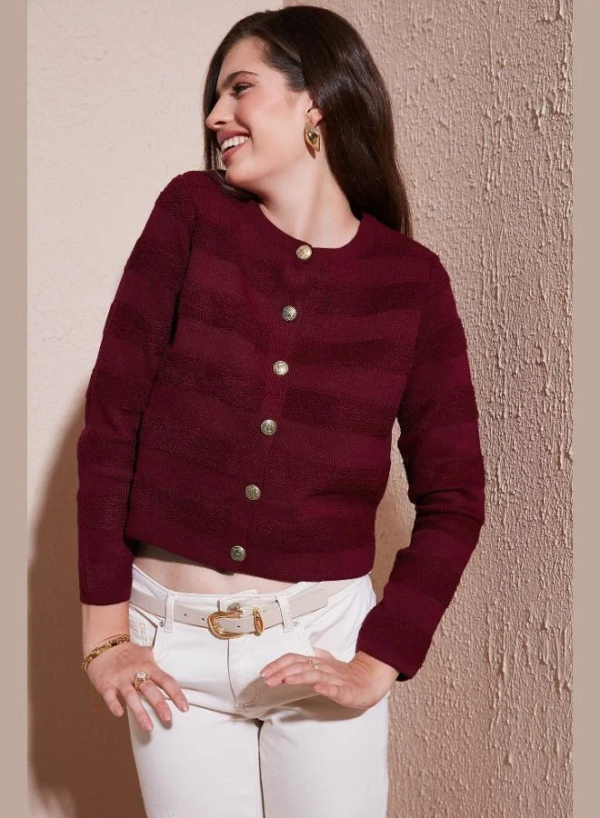 Lela Lela Premium Regular Fit Crew Neck Buttoned Textured Knitwear Cardigan Women's CARDIGAN 680HI00337