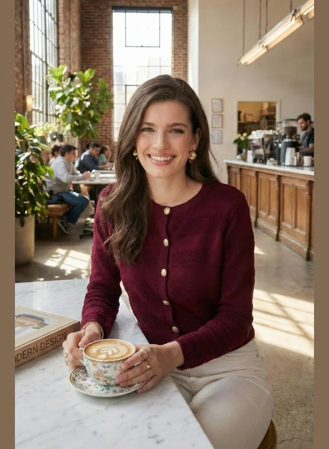 Lela Lela Premium Regular Fit Crew Neck Buttoned Textured Knitwear Cardigan Women's CARDIGAN 680HI00337