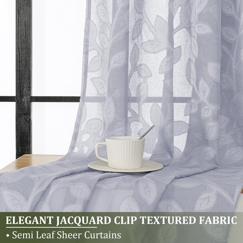 OVZME Light Grey Sheer Curtains 42 X 45 Inch Length 2 Panels  Semi Sheer Drapes Light Filtering Textured Window Curtains  Jacquard Clip Leaf Pattern Short Curtains for Small Window Tiers - Image 2