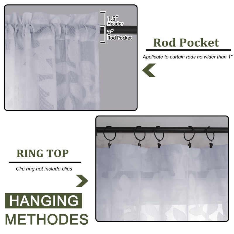 OVZME Light Grey Sheer Curtains 42 X 45 Inch Length 2 Panels  Semi Sheer Drapes Light Filtering Textured Window Curtains  Jacquard Clip Leaf Pattern Short Curtains for Small Window Tiers - Image 3