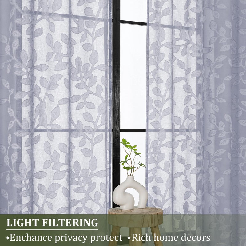 OVZME Light Grey Sheer Curtains 42 X 45 Inch Length 2 Panels  Semi Sheer Drapes Light Filtering Textured Window Curtains  Jacquard Clip Leaf Pattern Short Curtains for Small Window Tiers - Image 4