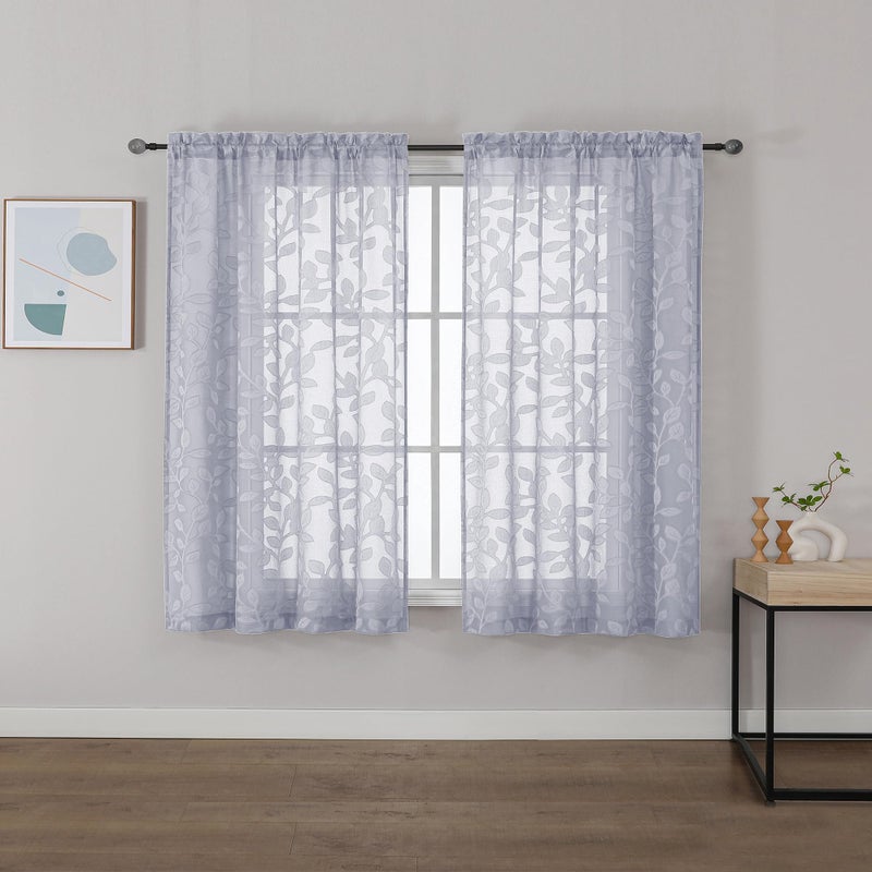 OVZME Light Grey Sheer Curtains 42 X 45 Inch Length 2 Panels  Semi Sheer Drapes Light Filtering Textured Window Curtains  Jacquard Clip Leaf Pattern Short Curtains for Small Window Tiers - Image 1