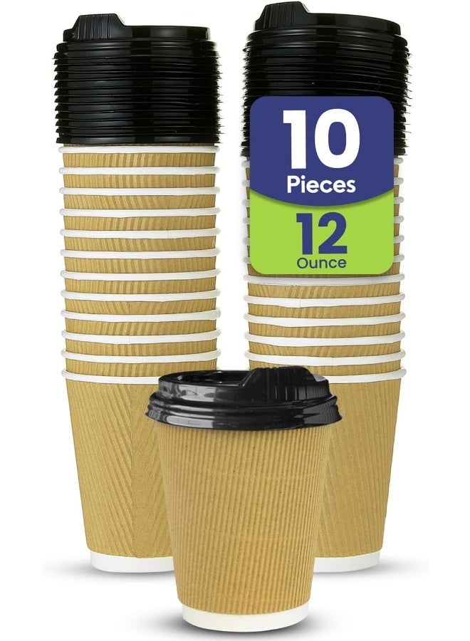 إس إن إتش باكينج عبوة SNH تحتوي على 10 قطع من أكواب ريبل بنية اللون للاستخدام مرة واحدة سعة 12 أونصة مع غطاء - أكواب كرافت للشاي الساخن والقهوة والقهوة الساخنة والمشروبات الساخنة والباردة - أكواب قهوة للاستخدام مرة واحدة - Image 1