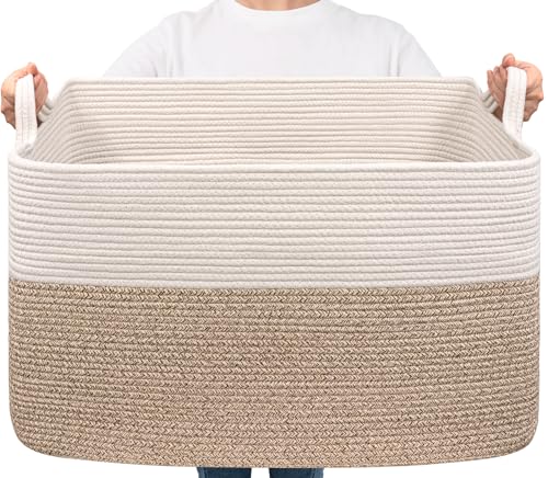Goodpick Extra Large Woven Blanket Basket, 23.6" x 15.7" x 13.8" Storage Organizer for Blankets, Toys, Dirty Clothes, Rectangle Cotton Rope Basket for Living Room, Nursery, Bedroom - Image 1