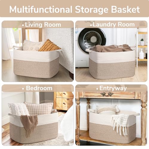 Goodpick Extra Large Woven Blanket Basket, 23.6" x 15.7" x 13.8" Storage Organizer for Blankets, Toys, Dirty Clothes, Rectangle Cotton Rope Basket for Living Room, Nursery, Bedroom - Image 4