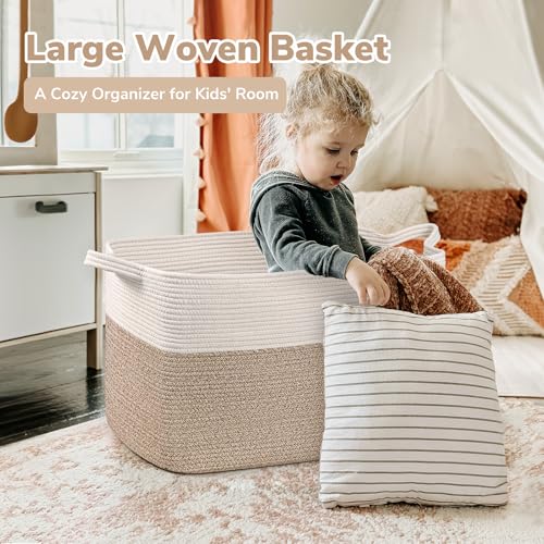 Goodpick Extra Large Woven Blanket Basket, 23.6" x 15.7" x 13.8" Storage Organizer for Blankets, Toys, Dirty Clothes, Rectangle Cotton Rope Basket for Living Room, Nursery, Bedroom - Image 2