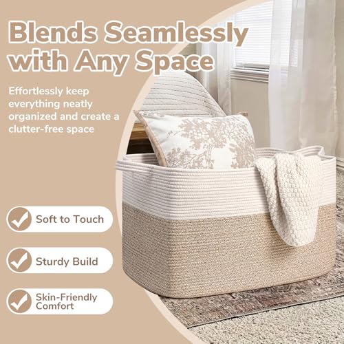 Goodpick Extra Large Woven Blanket Basket, 23.6" x 15.7" x 13.8" Storage Organizer for Blankets, Toys, Dirty Clothes, Rectangle Cotton Rope Basket for Living Room, Nursery, Bedroom - Image 5