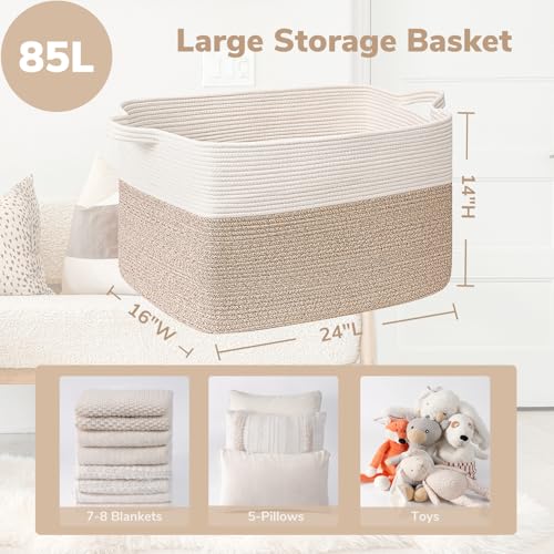 Goodpick Extra Large Woven Blanket Basket, 23.6" x 15.7" x 13.8" Storage Organizer for Blankets, Toys, Dirty Clothes, Rectangle Cotton Rope Basket for Living Room, Nursery, Bedroom - Image 3