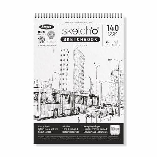 Anupam SketchO Sketch Book A3 Top Wiro Bound Drawing Book Acid Free Paper 140 GSM Professional-Grade Sheetsfor Artists, Professional (50 Sheets, 100 Pages) - Image 1