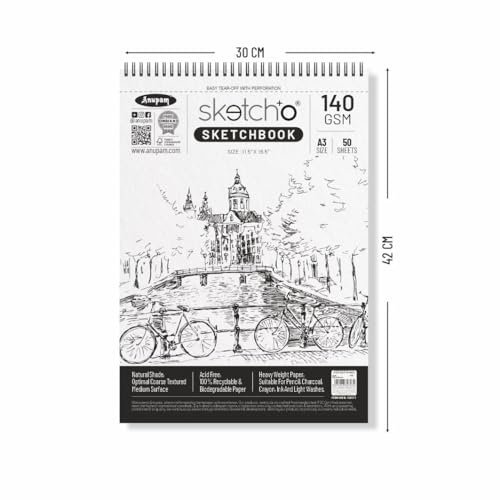 Anupam SketchO Sketch Book A3 Top Wiro Bound Drawing Book Acid Free Paper 140 GSM Professional-Grade Sheetsfor Artists, Professional (50 Sheets, 100 Pages) - Image 2