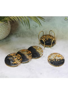 Monstera Hut Monstera Hut Round Midnight Black Transy Resin Coaster10 cm 4 Inch Set of 6 Resin Coaster for Tea Coffee Table Dining Table with Metal Holder 