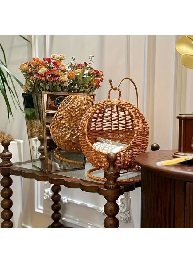 Handwoven Brown Rattan Cat Bed Storage Basket 2 in 1 Pet Bed Soft Cushion - Image 2