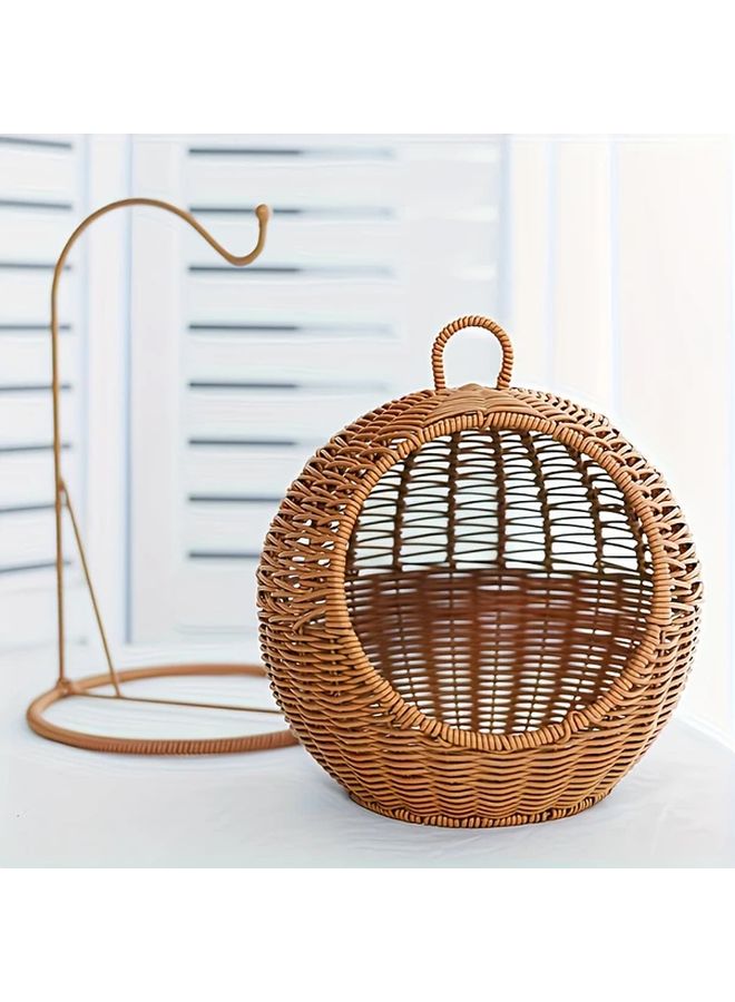 Handwoven Brown Rattan Cat Bed Storage Basket 2 in 1 Pet Bed Soft Cushion - Image 1
