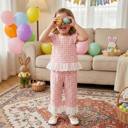 GOOCHEER Toddler Girl Clothes Baby Summer Outfits Plaid Ruffle Sleeveless Vest Tank Tops Pants Set 12 18 24 Month 2T 3T 4T (#Lace-Pink, 2-3T) - Image 2
