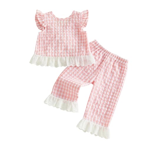GOOCHEER Toddler Girl Clothes Baby Summer Outfits Plaid Ruffle Sleeveless Vest Tank Tops Pants Set 12 18 24 Month 2T 3T 4T (#Lace-Pink, 2-3T) - Image 1