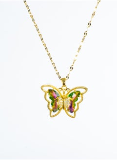 Stainless Steel Necklace with a Green Pink Crystal Stone Butterfly