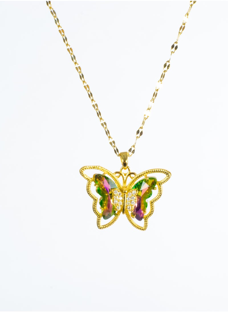 The Black Pearl Accessories - Stainless Steel Necklace with a Green Pink Crystal Stone Butterfly - Image 1