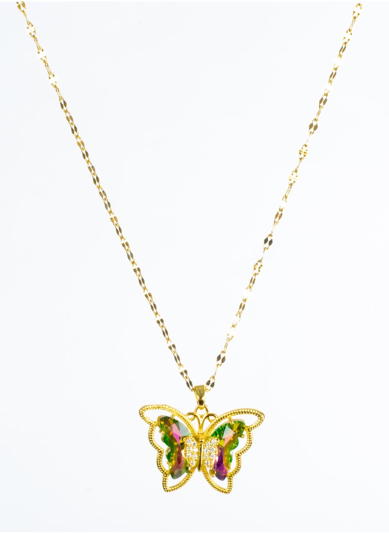 The Black Pearl Accessories - Stainless Steel Necklace with a Green Pink Crystal Stone Butterfly - Image 1