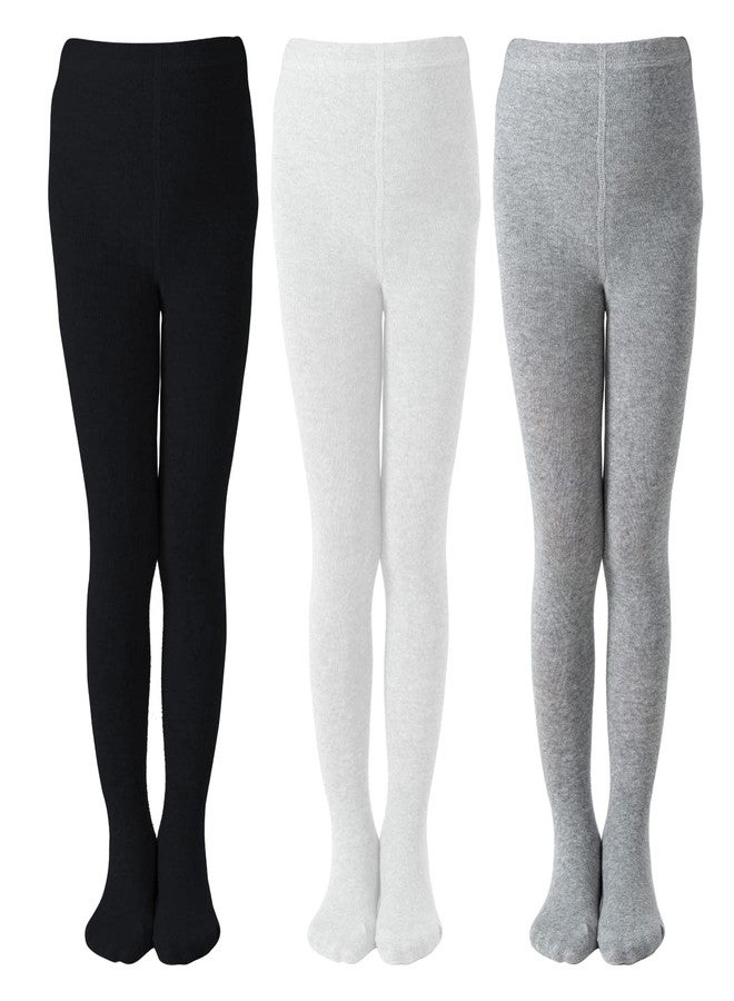 Marchare Little Kids Winter Tights Thick Cotton Solid Leggings School Uniform 6-8 Years Warm Stockings For Girls Black/White/Grey 3 Pack - Image 1