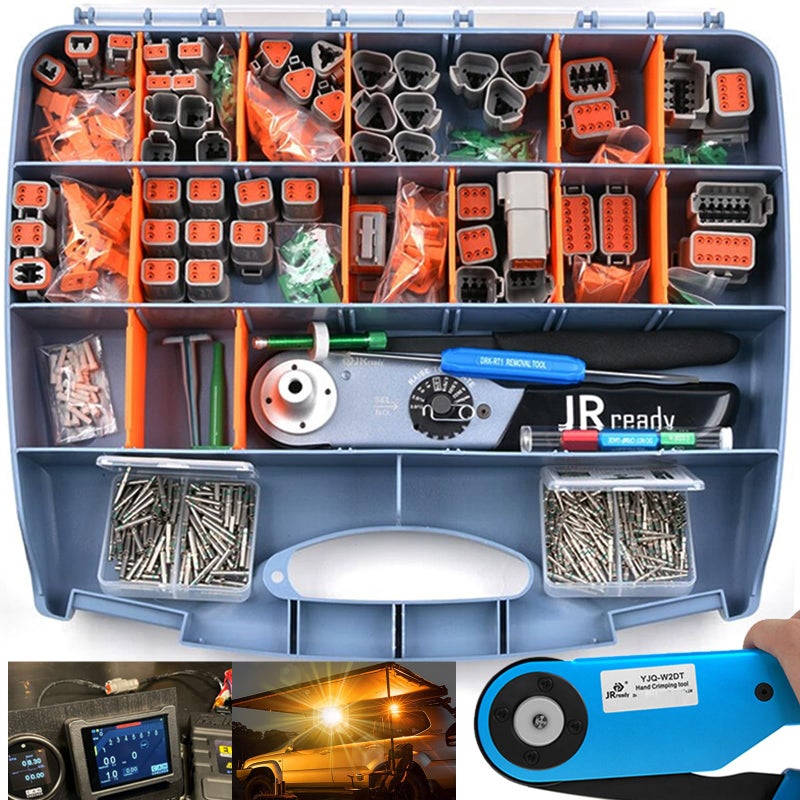 JRready ST6110 Deutsch Connector Kit with Crimper2 Pin Waterproof Connector3 4 6 8 12 Pin DT ConnectorsDeutsch Crimp Tool 1422AWGSize 16 Solid Contact for Truck MotorcycleAutomotive