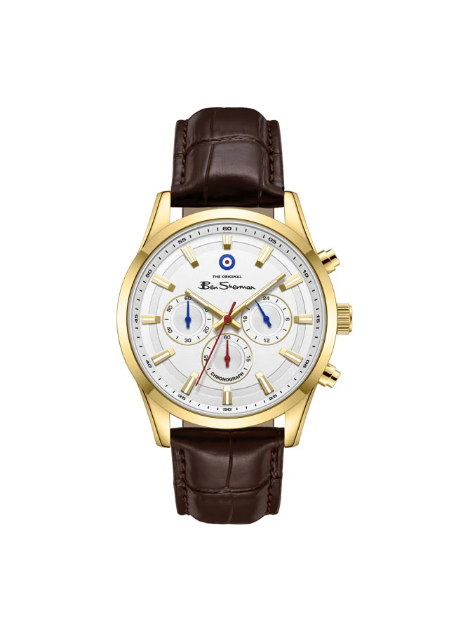 بين شيرمان Cambridge White Dial Brown Genuine Leather Strap Chronograph Watch for Men, 42mm
