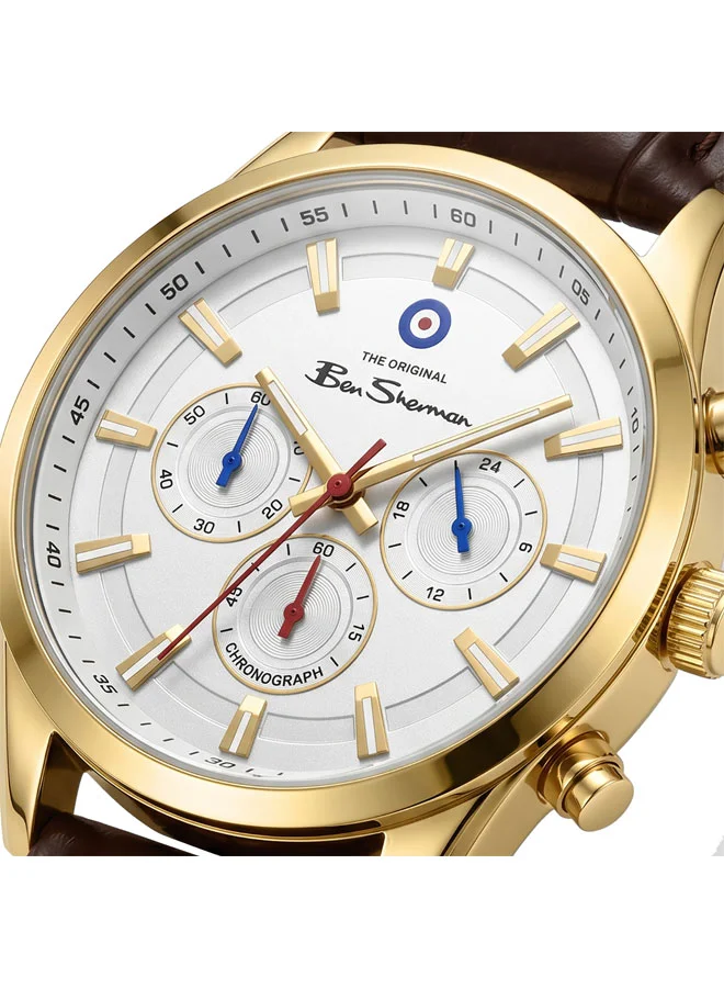 بين شيرمان Cambridge White Dial Brown Genuine Leather Strap Chronograph Watch for Men, 42mm