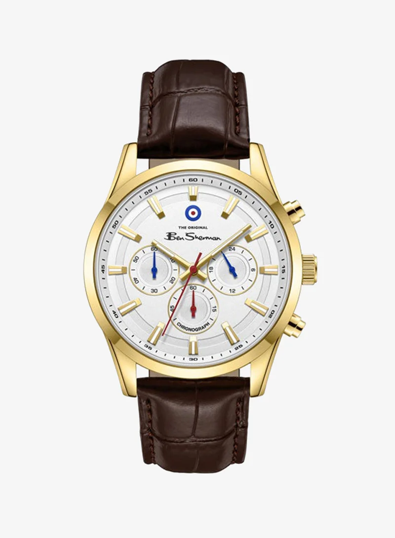 Ben Sherman Cambridge White Dial Brown Genuine Leather Strap Chronograph Watch for Men, 42mm