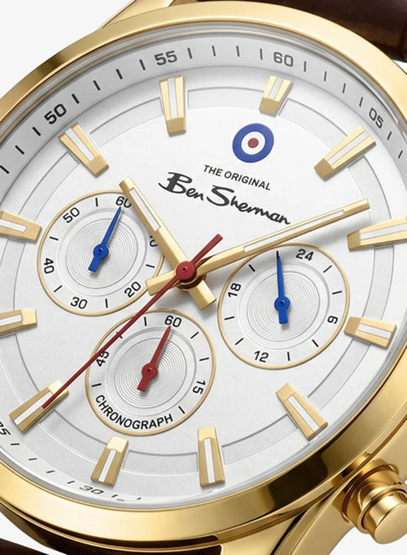 Ben Sherman Cambridge White Dial Brown Genuine Leather Strap Chronograph Watch for Men, 42mm