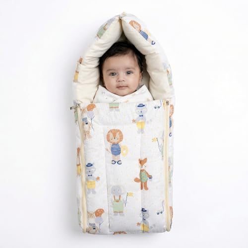 haus & kinder 3 in 1 Baby Sleeping Bag & Carry Nest | Cotton Bedding Set for Infants & New Born Baby | Portable/Travel & Skin Friendly | 0-6 Months (Jungle Party) - Image 1