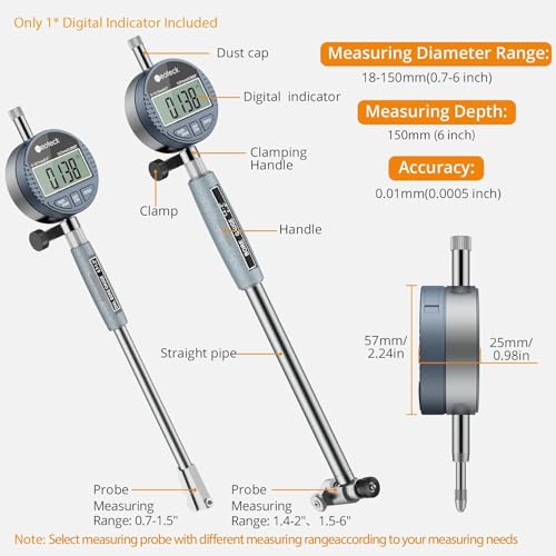 Neoteck Digital Dial Indicator Bore Gauge with 0.7"-6"/0.0005" Measuring Range and 6" Measuring Depth Dial Bore Gauge Set with 23PCS Anvils for Engine Cylinder Measurement - Image 5