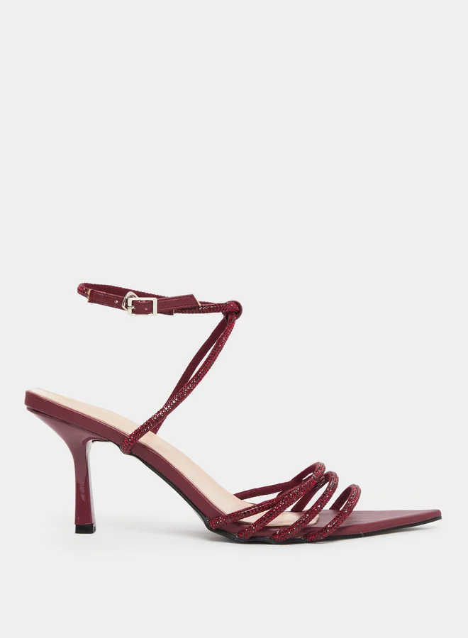 Styli Burgundy Diamante Stiletto Heel Sandals