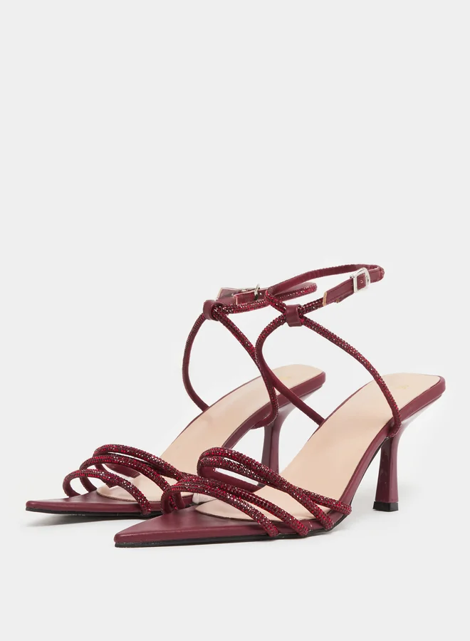 Styli Burgundy Diamante Stiletto Heel Sandals