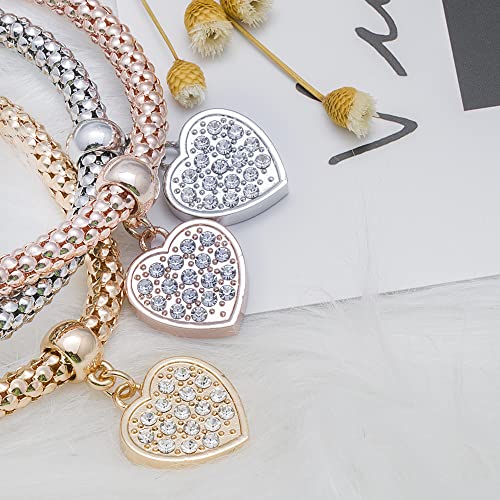 SILANER Crystal Charms Multilayer Bracelets - 3PCS Gold/Silver/Rose Gold Corn Chain Bracelet for Women, Tree of Life Heart Shaped Stretch Bracelet (PAVE CRYSTAL HEART CHARM) - Image 2