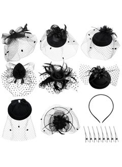 Geyoga 8 Pcs Fascinators Funeral Hats Black Pillbox Hat with Veil Feather Headband for Women Tea Party Church Costume(Veil)