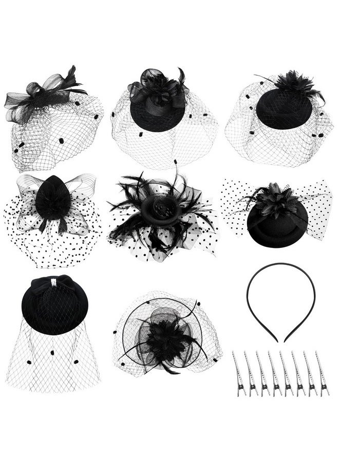 Geyoga - Geyoga 8 Pcs Fascinators Funeral Hats Black Pillbox Hat with Veil Feather Headband for Women Tea Party Church Costume(Veil) - Image 1