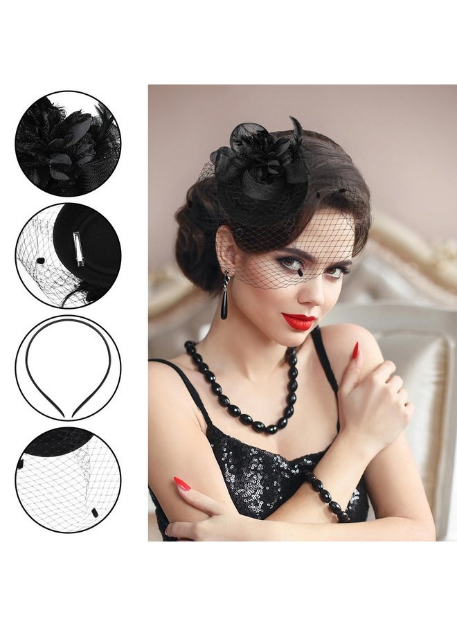 Geyoga - Geyoga 8 Pcs Fascinators Funeral Hats Black Pillbox Hat with Veil Feather Headband for Women Tea Party Church Costume(Veil) - Image 1